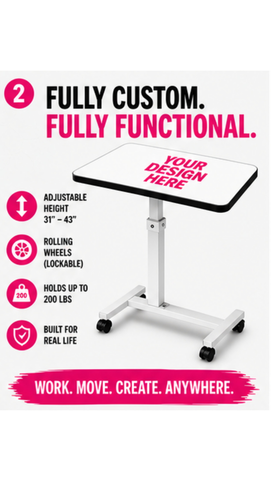 Custom Mobile Standing Desk Table – Personalized Adjustable Rolling Desk