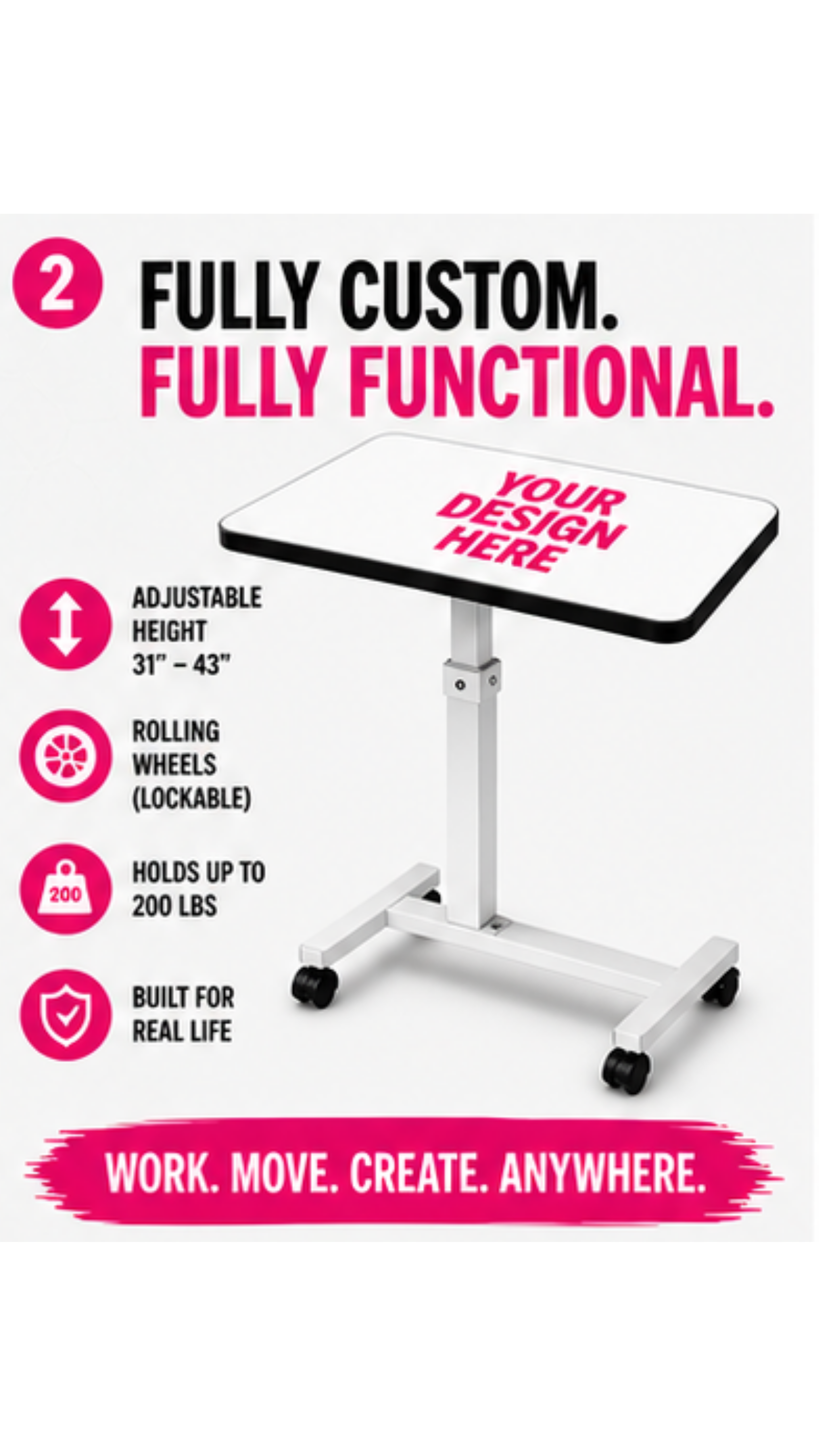 Custom Mobile Standing Desk Table – Personalized Adjustable Rolling Desk